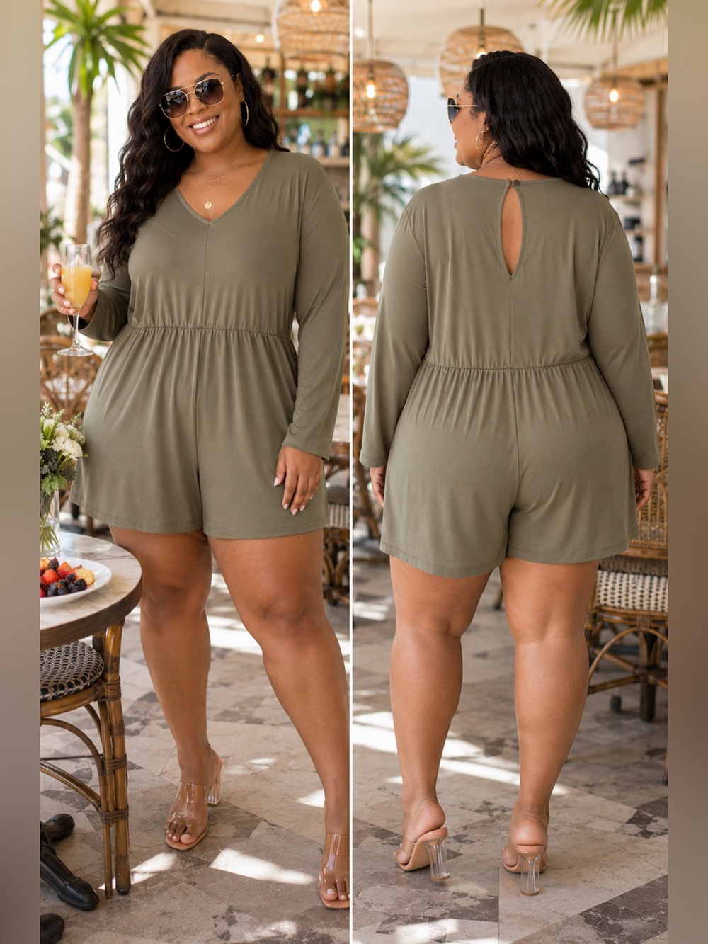 Forever 21 Olive Green Long Sleeve Romper with Keyhole Back | Size 2X